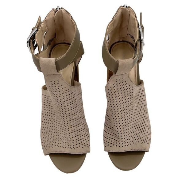 Marc Fisher Gabie Taupe Suede Leather Perforated Shootie Block Heel Sandals Sz 9 - Picture 2 of 12